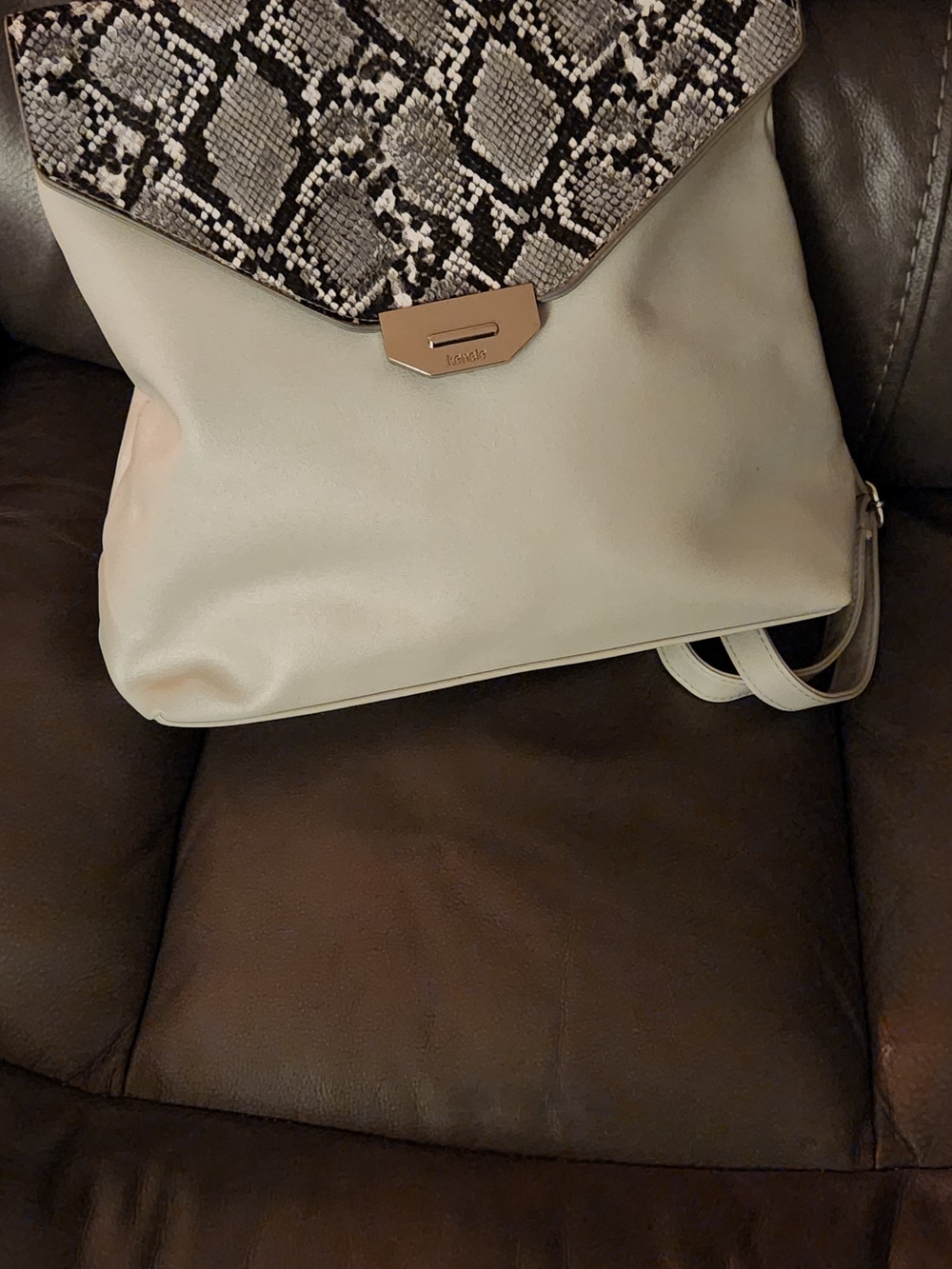 Kensie Light Cream Backpack with Snake-Print Flap